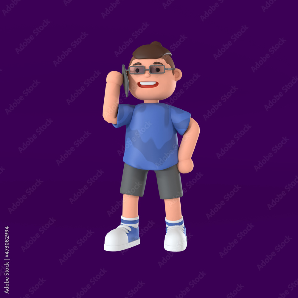 3d rendering of the boy character in glasses on the phone illustration