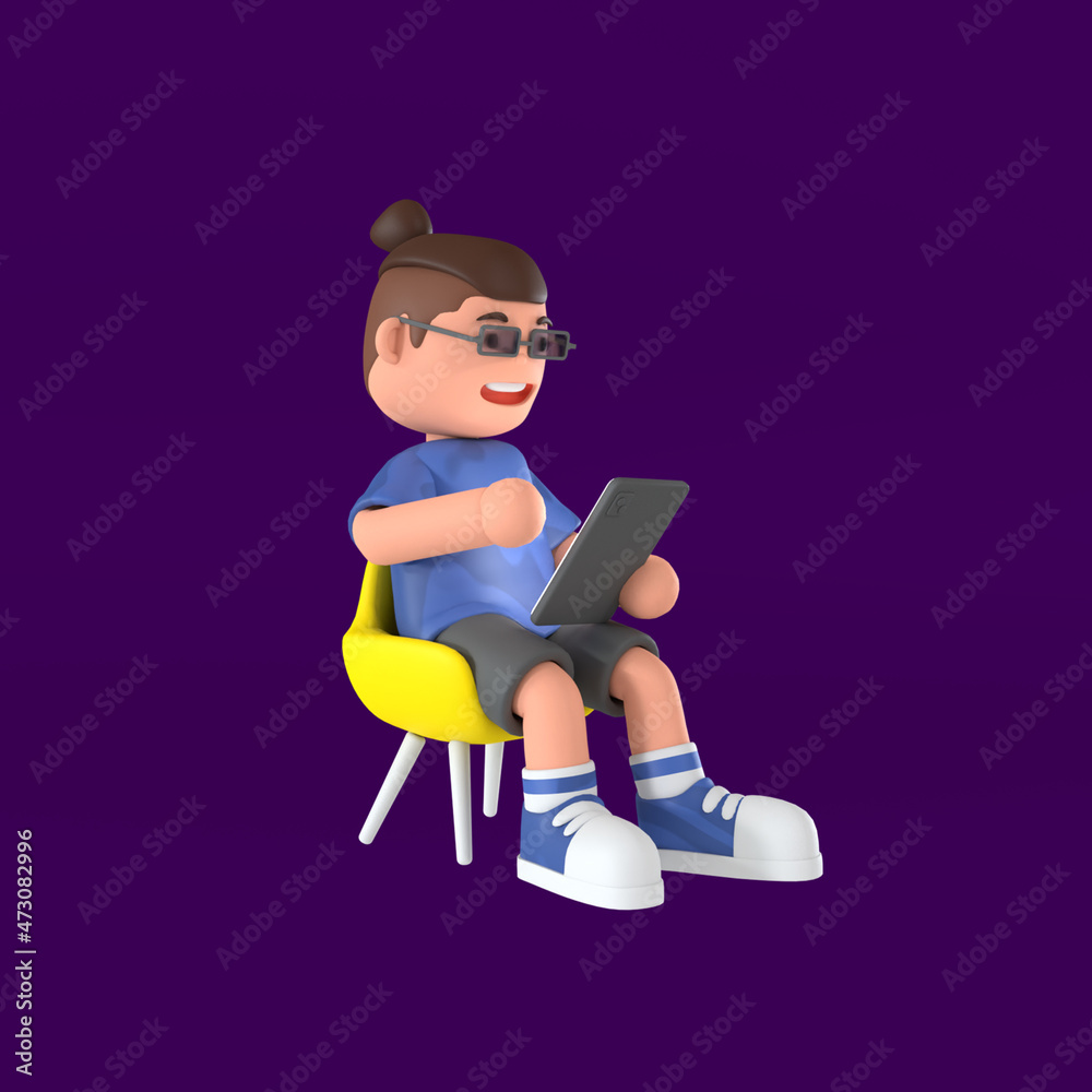 3d rendering of boy sitting on yellow chair playing tablet illustration