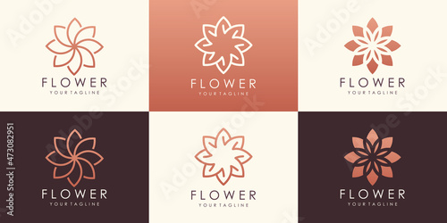 set of circular flower lotus vector logotype. Linear universal leaf floral logo