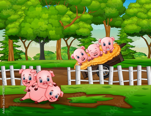 Cartoon illustration of pigs playing at the farm
