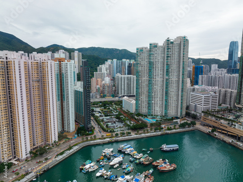 Top view of Hong Kong seaside city