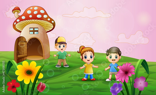 Mushroom house with children playing in the field