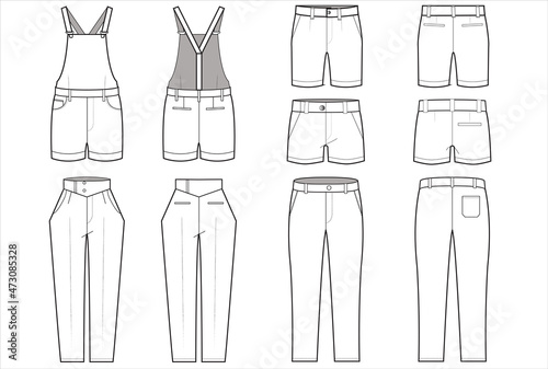 Casual wear bottom collection, shorts, pants, jumpsuit, and romper