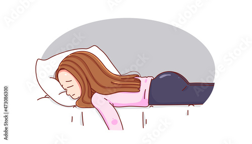 Young woman falling into bed and feeling sad tired and worried suffering depression cartoon hand drawn cartoon art illustration