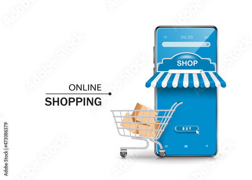 A parcel in a cart sits in front of a blue smartphone shop for delivery and online shopping concept design,vector 3d isolated on white background for advertising design photo