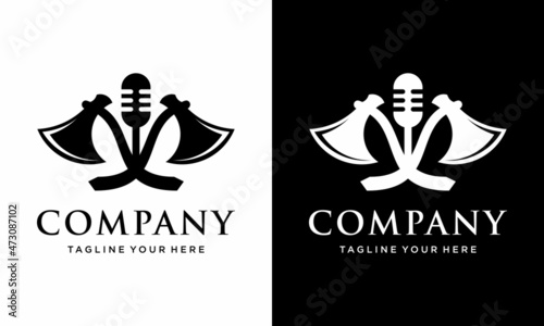 Ax logo with microphone for podcast design vector template. on a black and white background.