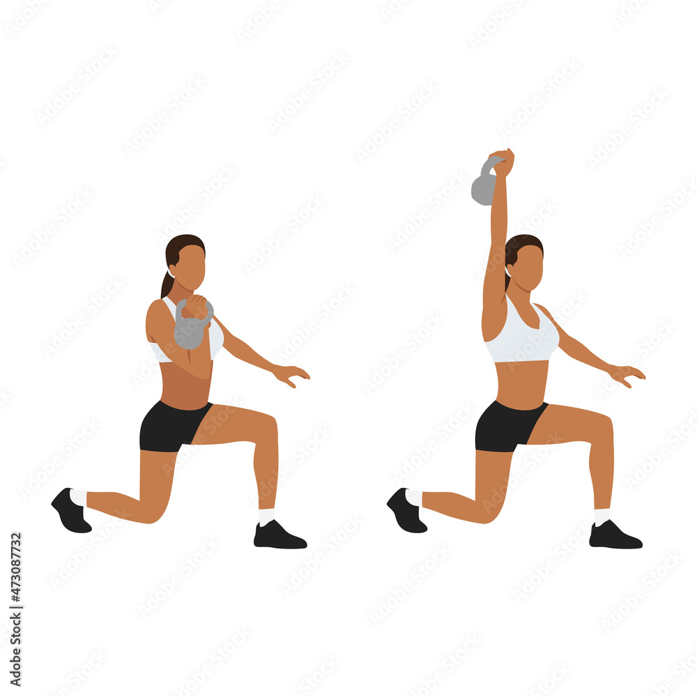 Woman doing Kneeling kettlebell press exercise. Flat vector illustration isolated on white background Woman doing Kneeling kettlebell press exercise. Flat vector illustration isolated on white background