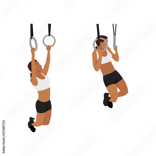 Woman doing Gymnastic ring pull ups. pull-ups exercise. Flat vector illustration isolated on white background