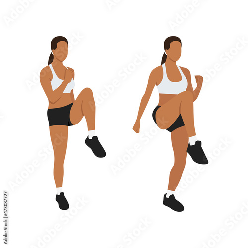 Woman doing High knees. front knee lifts. run.jog on the spot exercise. Flat vector illustration isolated on white background
