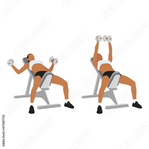 Woman doing Incline bench dumbbell flyes exercise. Flat vector illustration isolated on white background