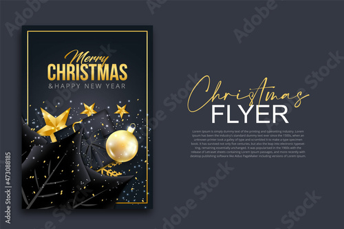 Luxury Christmas flyer design with black leaf & star 