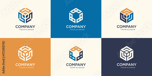 Set of hexagon minimalistic trendy shapes. Stylish vector logo emblems for Your design. Simple creative geometric signs collection.