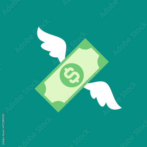 dollar banknote with white wings. Flat blue background. Flying money. Economy, finance, money pictogram.