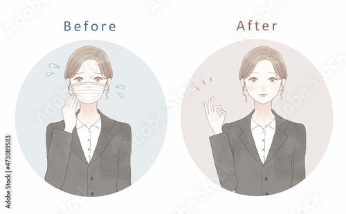 マスク着用による蒸れに悩む女性のビフォーアフター