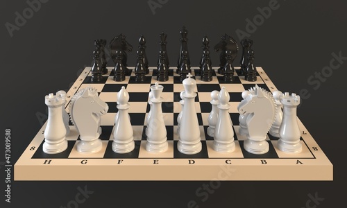 Chess Pieces on a Chess Board on a dark background. 3d rendering
