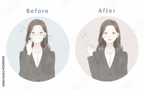 マスク着用による蒸れに悩む女性のビフォーアフター