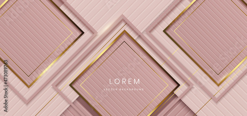 Abstract 3D luxury shiny rose gold background with lines golden glowing. Frame with copy space for text.