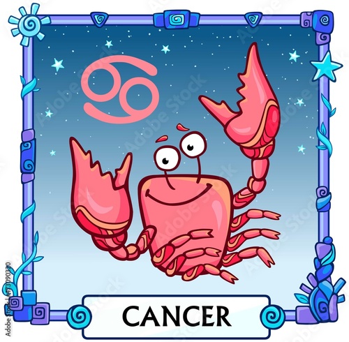 Zodiac sign Cancer. Fantastic animation animal. A background - the star sky, a decorative frame. Vector illustration.