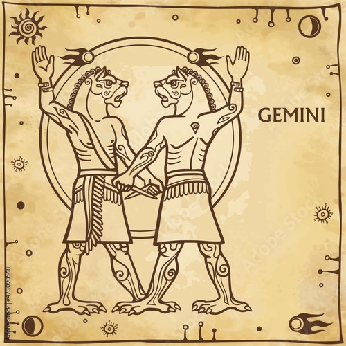 Zodiac sign Gemini. Image of the person - a centaur. Character of Sumerian mythology. Full growth. Background - imitation of old paper, space symbols. The place for the text. Vector illustration.