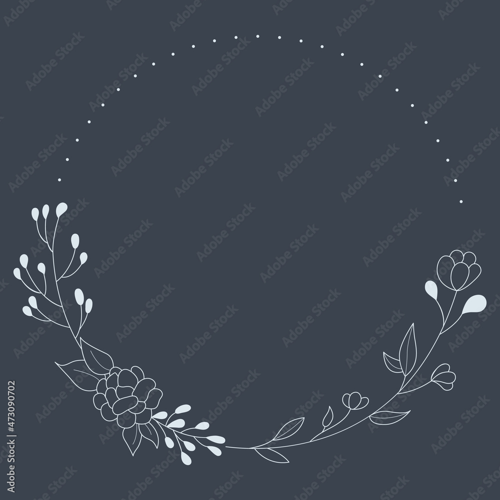 Floral Wreath branch in hand drawn style. Floral round navy and sky blue. Frame of twigs, leaves and flowers. Frames for the Valentine's day, wedding decor, logo and identity template. Floral Wreath branch in hand drawn style. Floral round navy and sky blue. Frame of twigs, leaves and flowers. Frames for the Valentine's day, wedding decor, logo and identity template.