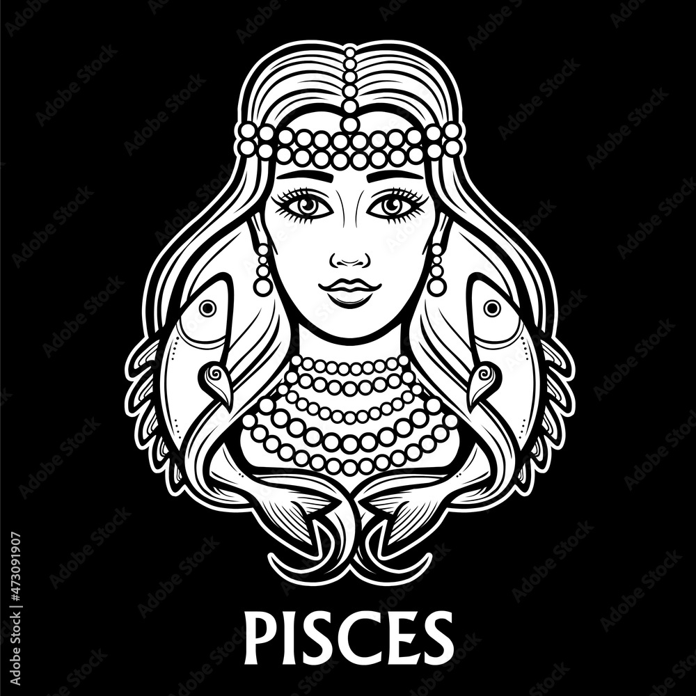 Zodiac sign Pisces. Fantastic princess, animation portrait. Vector monochrome illustration isolated on a black background.