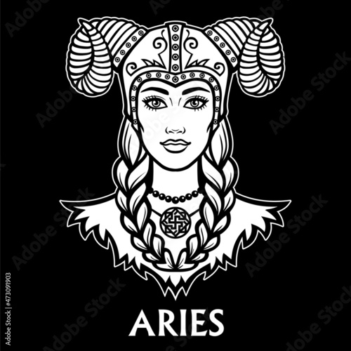 Zodiac sign Aries. Fantastic princess, animation portrait. Vector monochrome illustration isolated on a black background.
