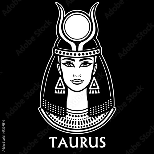 Zodiac sign Taurus. Fantastic princess, animation portrait. Vector monochrome illustration isolated on a black background.
