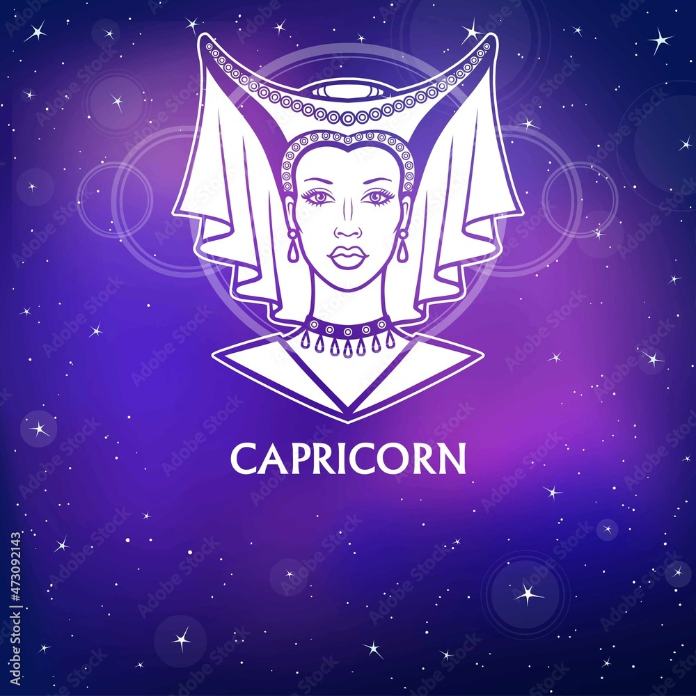 Fototapeta premium Zodiac sign Capricorn. Fantastic princess, animation portrait. White drawing, background - the night stellar sky. Vector illustration.