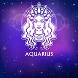 Zodiac sign Aquarius .   Fantastic princess, animation portrait. White drawing, background - the night stellar sky. Vector illustration.