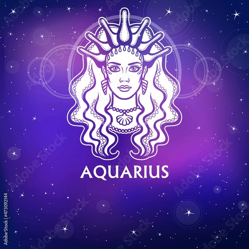 Zodiac sign Aquarius .   Fantastic princess, animation portrait. White drawing, background - the night stellar sky. Vector illustration.