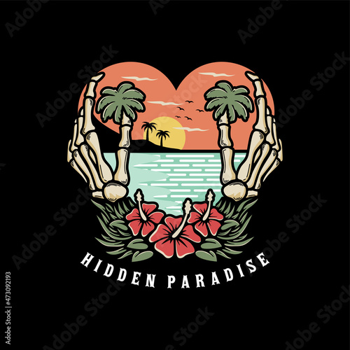 vintage skeleton hand holding hidden paradise