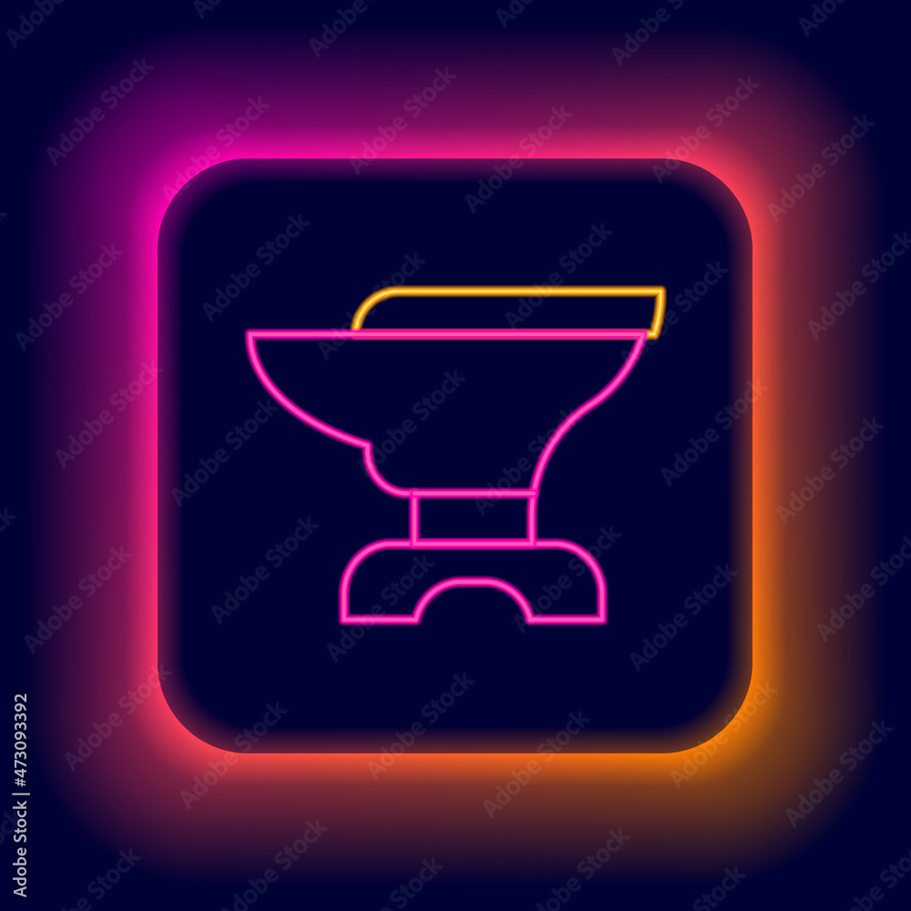 Glowing neon line Anvil for blacksmithing and hammer icon isolated on black background. Metal forging. Forge tool. Colorful outline concept. Vector Glowing neon line Anvil for blacksmithing and hammer icon isolated on black background. Metal forging. Forge tool. Colorful outline concept. Vector
