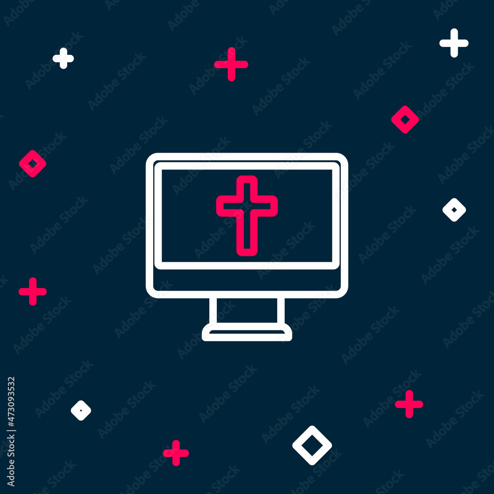 Fototapeta premium Line Christian cross on monitor icon isolated on blue background. Church cross. Colorful outline concept. Vector