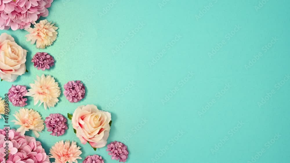 Romantic pastel flowers appear on left side of cyan theme. Stop motion Romantic pastel flowers appear on left side of cyan theme. Stop motion