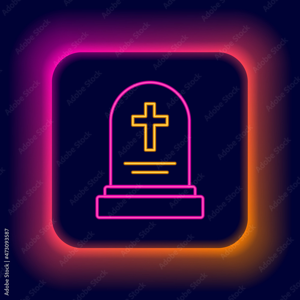 Glowing neon line Grave with tombstone icon isolated on black background. Colorful outline concept. Vector
