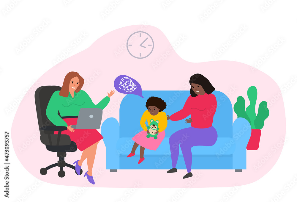 african american  mother and daughter visiting woman psychologist  prychoterapy consultation for child  vector illustration