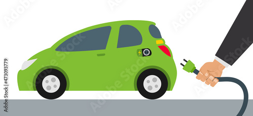 hand holding electric car charger plug and green vehicle eco friendly transport vector illustration