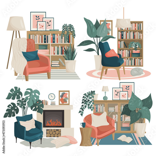 A set of four Scandinavian-style living room interiors. The boho palette. Modern cozy interiors in boho style. Vector.