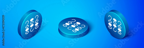 Isometric Grilled shish kebab on skewer stick icon isolated on blue background. Meat kebab on skewer stick. Picnic with grilled meat. Blue circle button. Vector
