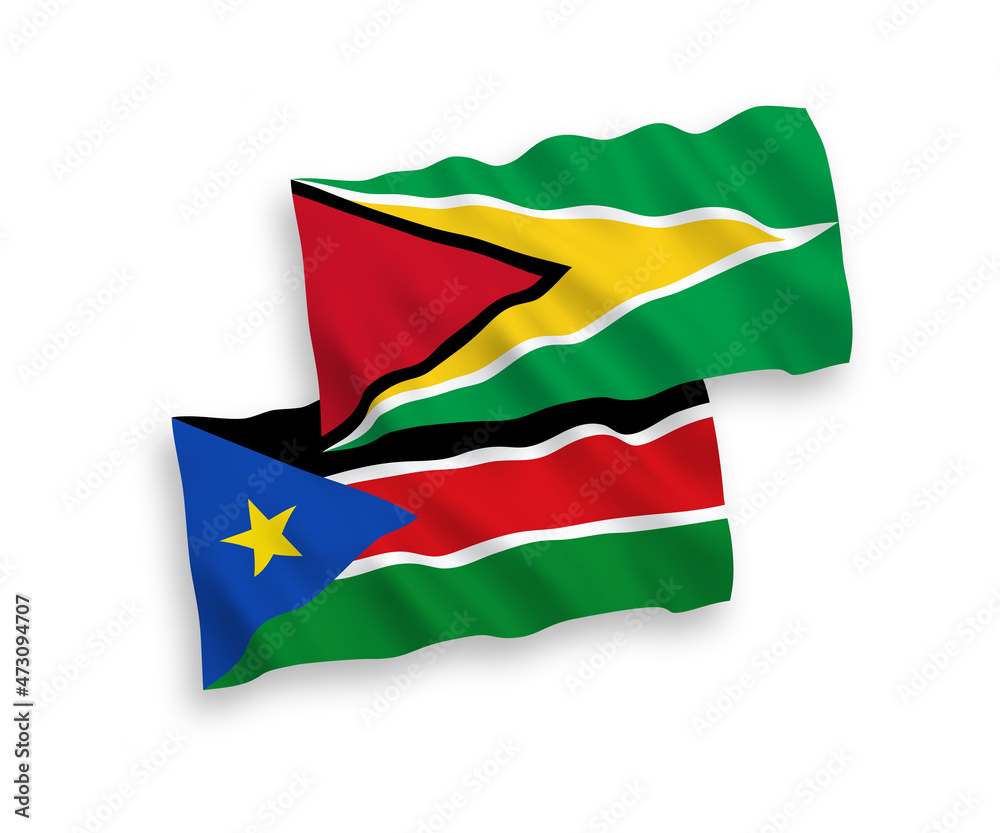 Flags of Co-operative Republic of Guyana and Republic of South Sudan on a white background Flags of Co-operative Republic of Guyana and Republic of South Sudan on a white background