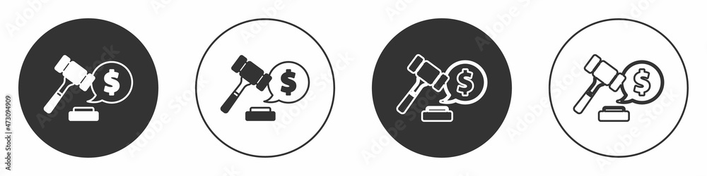Black Auction hammer price icon isolated on white background. Gavel - hammer of judge or auctioneer. Bidding process, deal done. Auction bidding. Circle button. Vector Black Auction hammer price icon isolated on white background. Gavel - hammer of judge or auctioneer. Bidding process, deal done. Auction bidding. Circle button. Vector