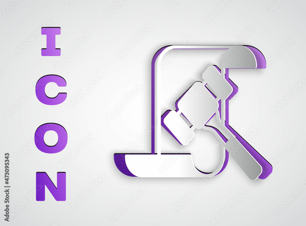 Paper cut Auction hammer icon isolated on grey background. Gavel - hammer of judge or auctioneer. Bidding process, deal done. Auction bidding. Paper art style. Vector Paper cut Auction hammer icon isolated on grey background. Gavel - hammer of judge or auctioneer. Bidding process, deal done. Auction bidding. Paper art style. Vector