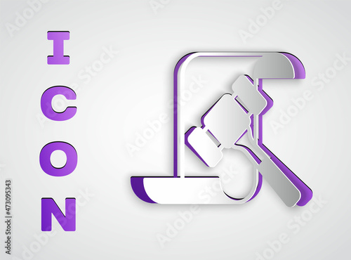 Paper cut Auction hammer icon isolated on grey background. Gavel - hammer of judge or auctioneer. Bidding process, deal done. Auction bidding. Paper art style. Vector