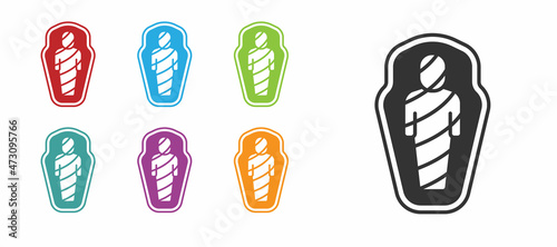 Black Egypt mummy in sarcophagus icon isolated on white background. Set icons colorful. Vector