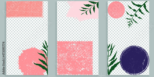 Social media covers with simple design elements . Boho style . Leaves . Post frame stories templates.  Layout for promotion .Media banner .Vector