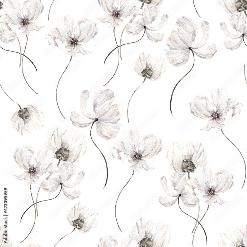 Watercolor seamless pattern with frozen flowers, leaves and silver snowflakes, isolated on white background