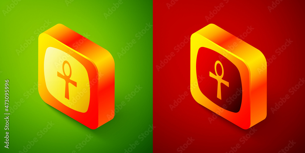 Isometric Cross ankh icon isolated on green and red background. Egyptian word for life or symbol of immortality. Square button. Vector Isometric Cross ankh icon isolated on green and red background. Egyptian word for life or symbol of immortality. Square button. Vector