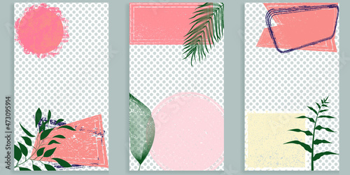 Social media covers with simple design elements . Boho style . Leaves . Post frame stories templates.  Layout for promotion .Media banner .Vector