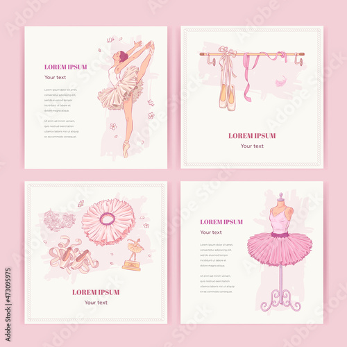 Set of hand drawn square banners with ballerina and ballet accessories. Ballet greeting card collection. Vector illustration