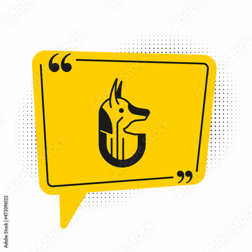 Black Egyptian anubis icon isolated on white background. Yellow speech bubble symbol. Vector
